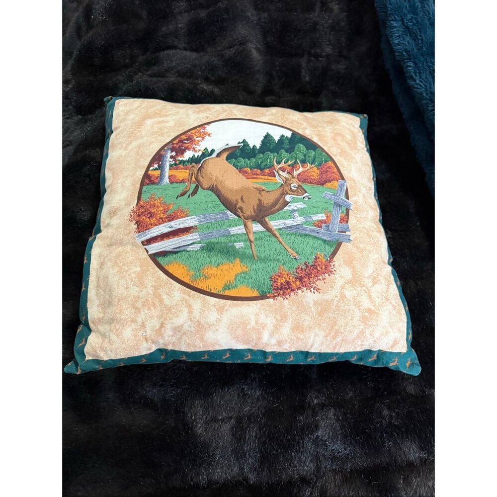 Handcrafted‎ Jumping Stag Deer Green Red  hunting pillow cabin man cave